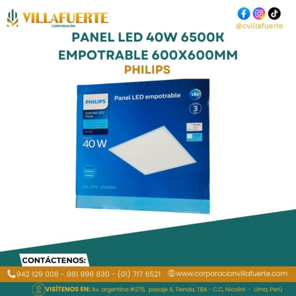 PANEL LED 40W 120-277V 6500K IP20 EMPOTRABLE 600X600MM PHILIPS