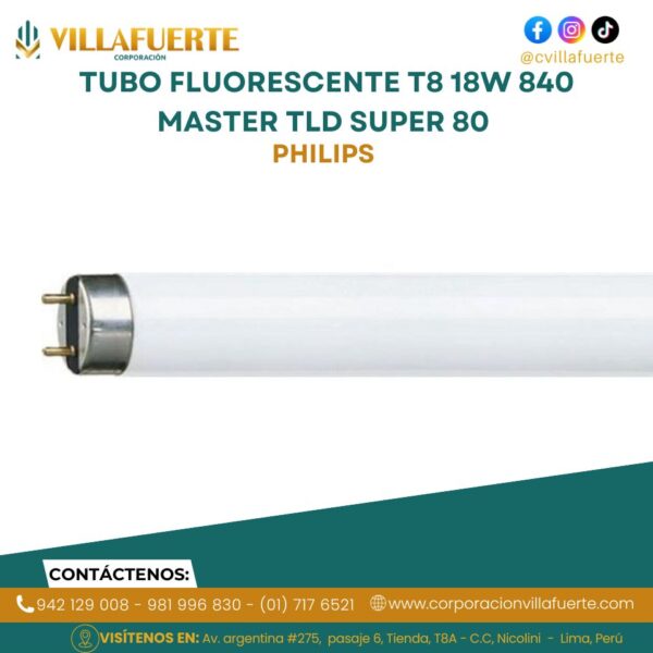 TUBO FLUORESCENTE T8 18W 840 MASTER TLD SUPER 80 PHILIPS