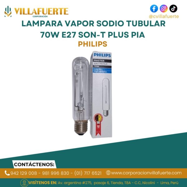 LAMPARA VAPOR SODIO TUBULAR 70W E27 SON-T PLUS PIA PHILIPS
