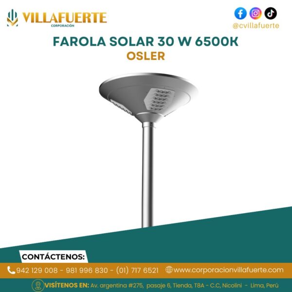 FAROLA SOLAR 30W 6500K IP 65 2000 LM 50000 HRS AUTONOMIA 12 HRS OSLER