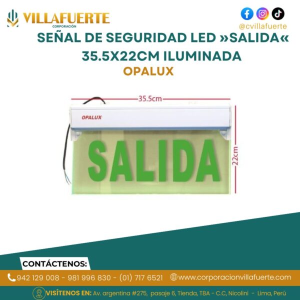 SEÑAL DE SEGURIDAD LED »SALIDA« 35.5X22CM ILUMINADA OPALUX