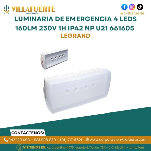LUMINARIA DE EMERGENCIA 4 LEDS 160LM 230V 1H IP42 NP U21 661605 LEGRAND