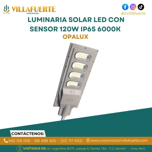 LUMINARIA SOLAR LED CON SENSOR 120W IP65 6000K 19,200 LUMINES OPALUX