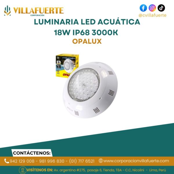 LUMINARIA LED ACUÁTICA 18W IP68 3000K 1,440 LUMINES AC12V OPALUX