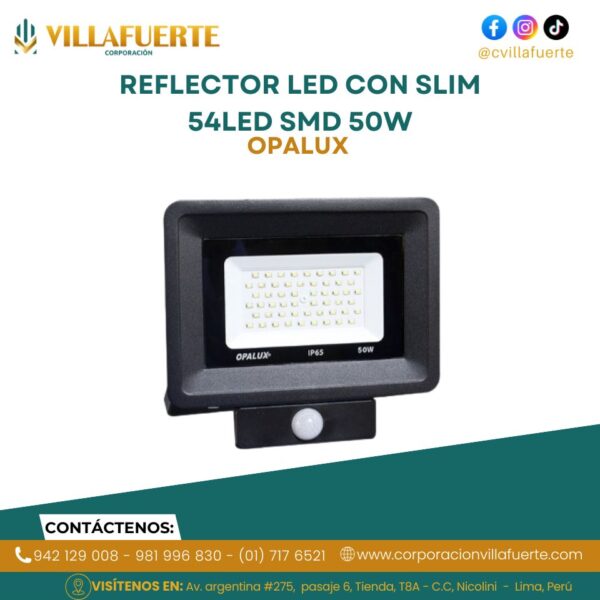 REFLECTOR LED CON SENSOR DE MOVIMIENTO SLIM 54LED SMD 50W AC185-265V IP65 6500K (4500LM) OPALUX